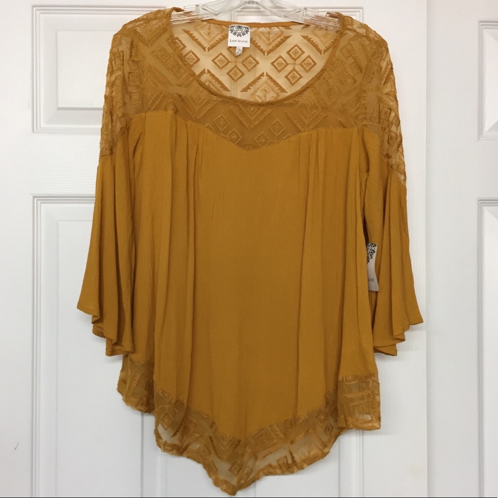 Late August Gauzy Embroidered Peasant Loose Fit Top Bell Sleeve Mustard Sz S NWT